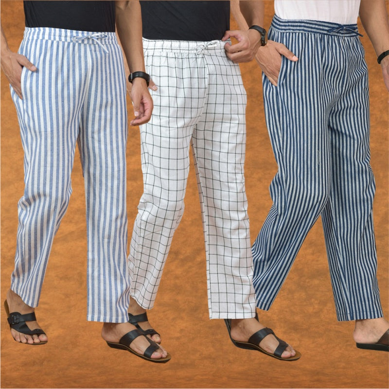 COMBO OF 3 MEN STRIPE COTTON HANDLOOM PANT BLUE WHITE AND BLUE-15207