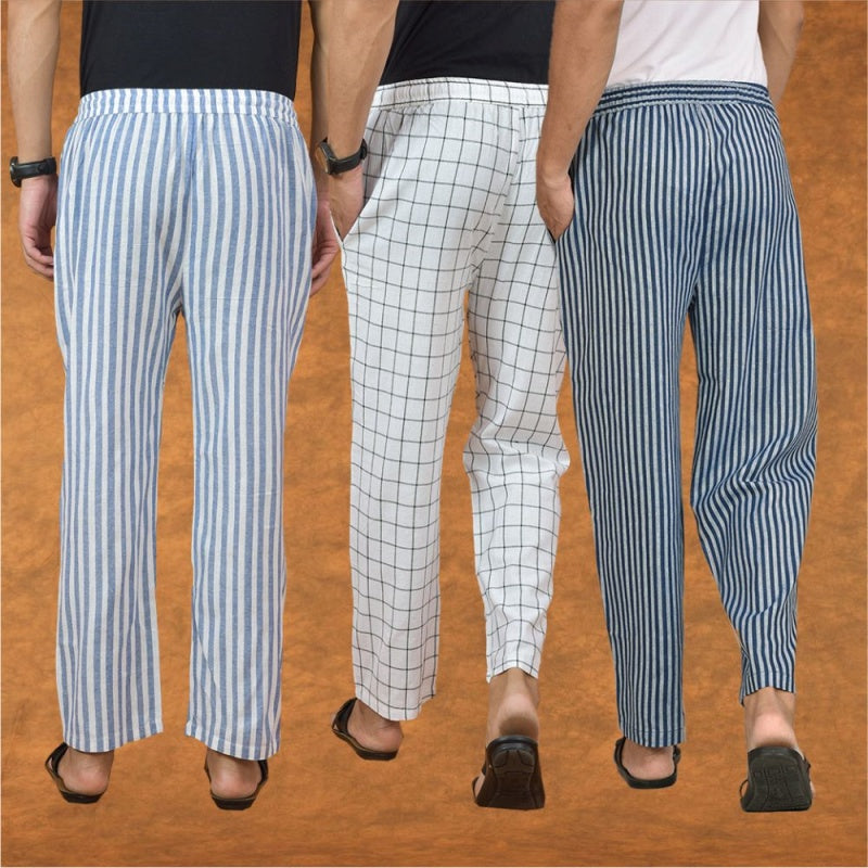 COMBO OF 3 MEN STRIPE COTTON HANDLOOM PANT BLUE WHITE AND BLUE-15207