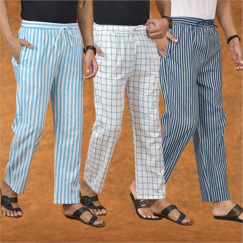 COMBO OF 3 MEN STRIPE COTTON HANDLOOM PANT BLUE WHITE AND SKY BLUE-15141