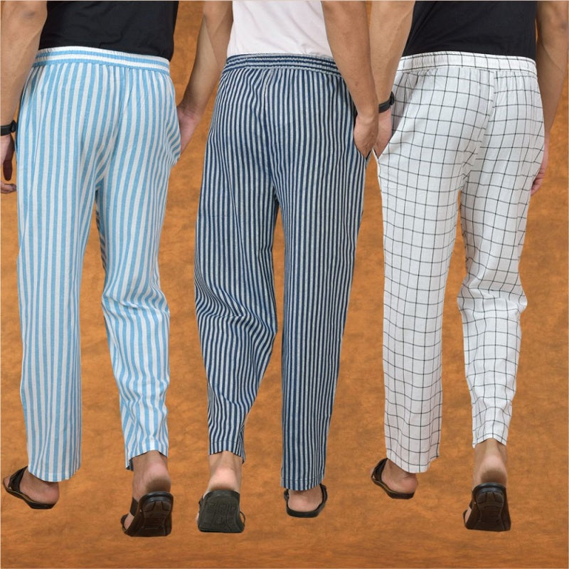 COMBO OF 3 MEN STRIPE COTTON HANDLOOM PANT BLUE WHITE AND SKY BLUE-15141