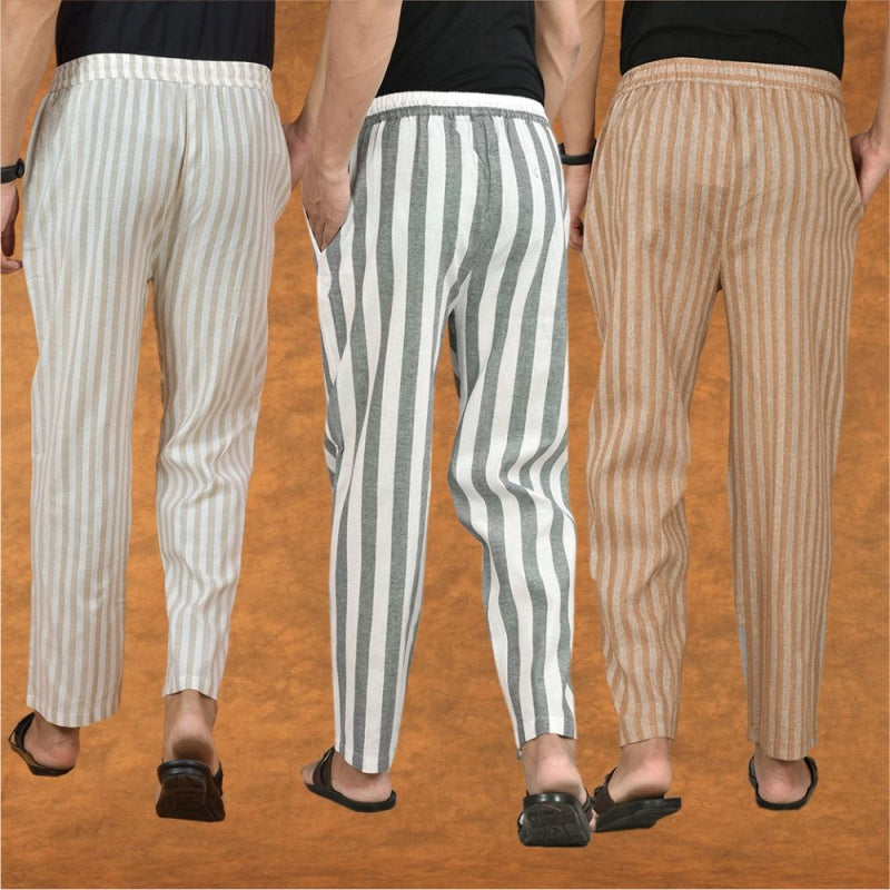 COMBO OF 3 MEN STRIPE COTTON HANDLOOM PANT GRAY BEIGE AND BEIGE-15360