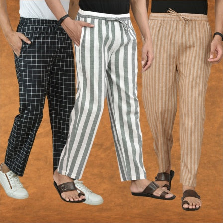 COMBO OF 3 MEN STRIPE COTTON HANDLOOM PANT GRAY BEIGE AND BLACK-15424