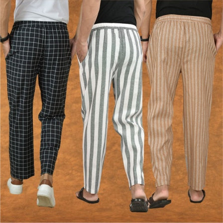 COMBO OF 3 MEN STRIPE COTTON HANDLOOM PANT GRAY BEIGE AND BLACK-15424