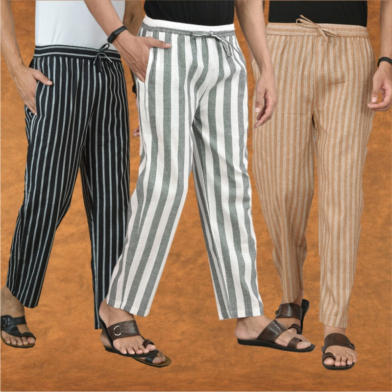 COMBO OF 3 MEN STRIPE COTTON HANDLOOM PANT GRAY BEIGE AND BLACK-15445