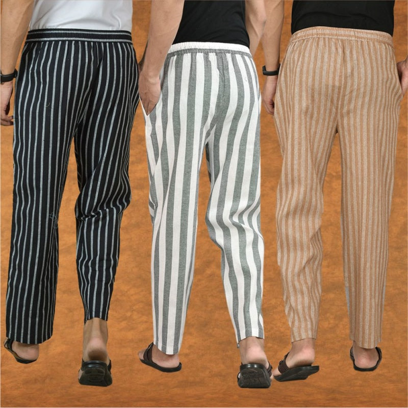 COMBO OF 3 MEN STRIPE COTTON HANDLOOM PANT GRAY BEIGE AND BLACK-15445