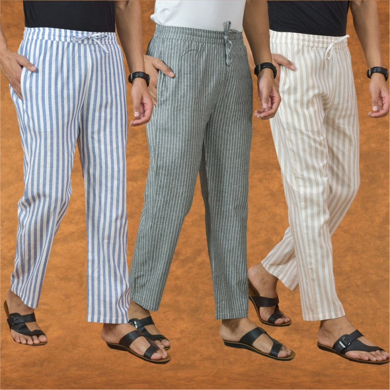 COMBO OF 3 MEN STRIPE COTTON HANDLOOM PANT GRAY BEIGE AND BLUE-15215