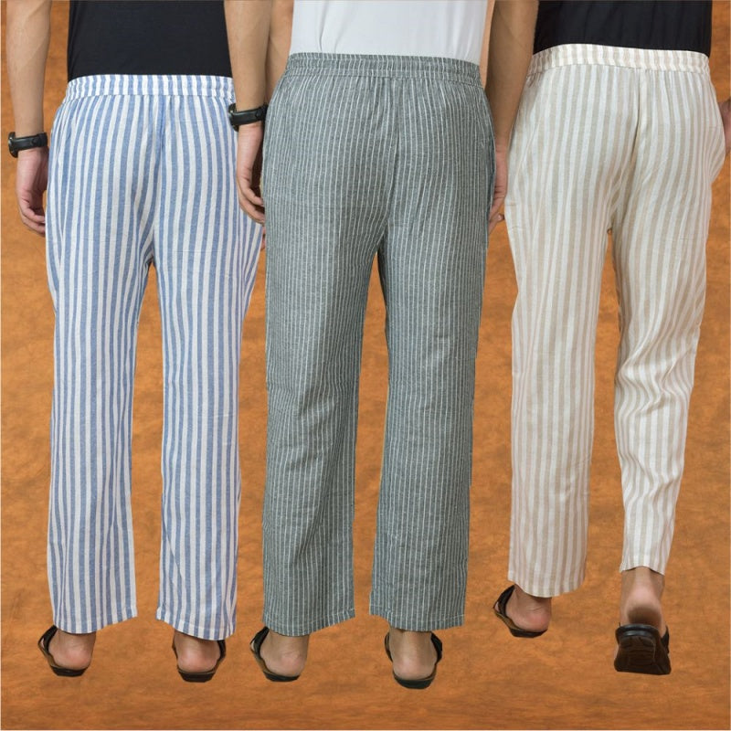 COMBO OF 3 MEN STRIPE COTTON HANDLOOM PANT GRAY BEIGE AND BLUE-15215