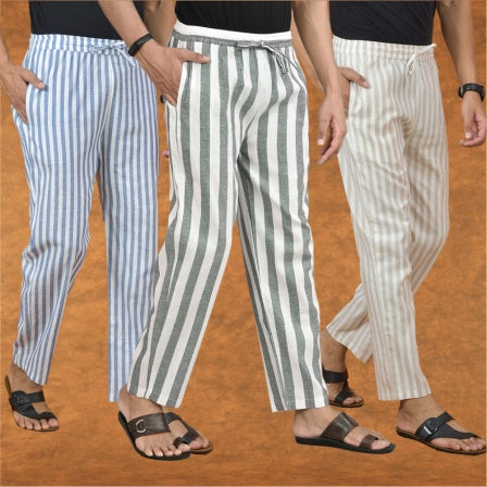 COMBO OF 3 MEN STRIPE COTTON HANDLOOM PANT GRAY BEIGE AND BLUE-15221