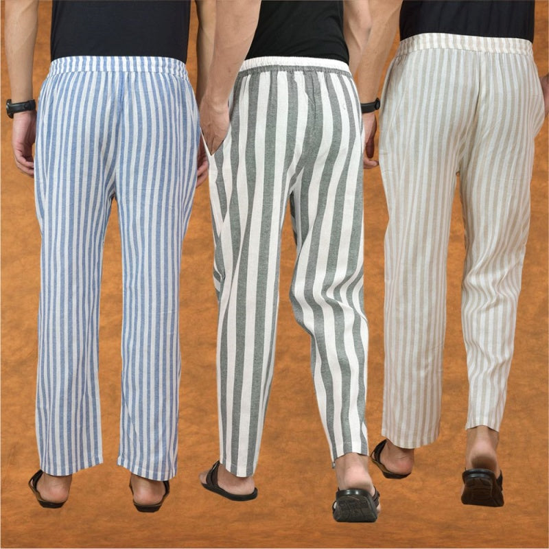 COMBO OF 3 MEN STRIPE COTTON HANDLOOM PANT GRAY BEIGE AND BLUE-15221
