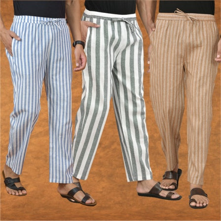 COMBO OF 3 MEN STRIPE COTTON HANDLOOM PANT GRAY BEIGE AND BLUE-15260