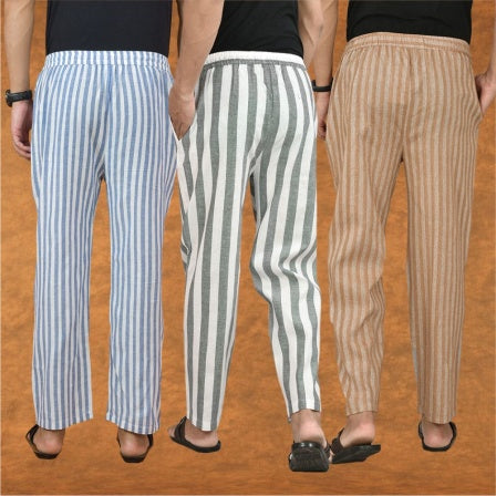 COMBO OF 3 MEN STRIPE COTTON HANDLOOM PANT GRAY BEIGE AND BLUE-15260