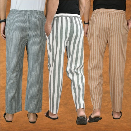 COMBO OF 3 MEN STRIPE COTTON HANDLOOM PANT GRAY BEIGE AND GRAY-15460