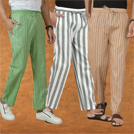 COMBO OF 3 MEN STRIPE COTTON HANDLOOM PANT GRAY BEIGE AND OLIVE GREEN-15396