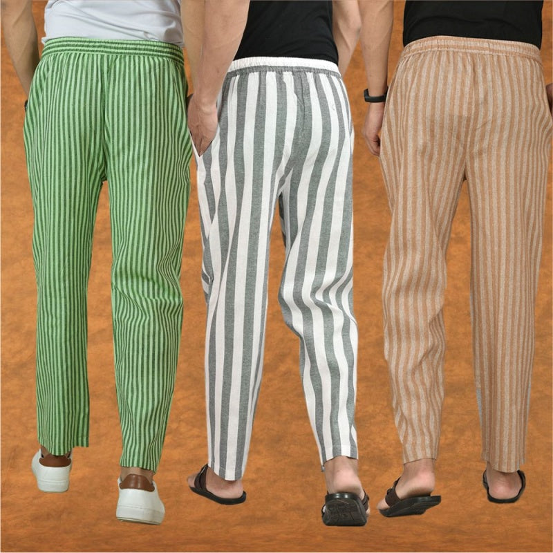 COMBO OF 3 MEN STRIPE COTTON HANDLOOM PANT GRAY BEIGE AND OLIVE GREEN-15396