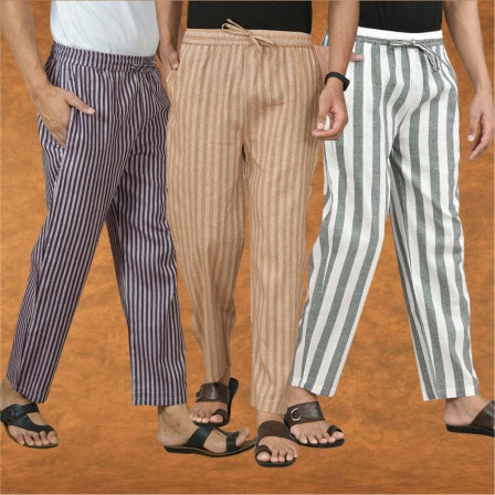 COMBO OF 3 MEN STRIPE COTTON HANDLOOM PANT GRAY BEIGE AND PURPLE-15470