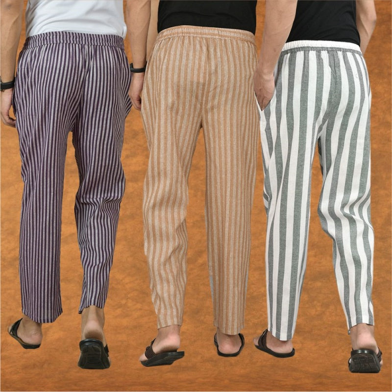 COMBO OF 3 MEN STRIPE COTTON HANDLOOM PANT GRAY BEIGE AND PURPLE-15470
