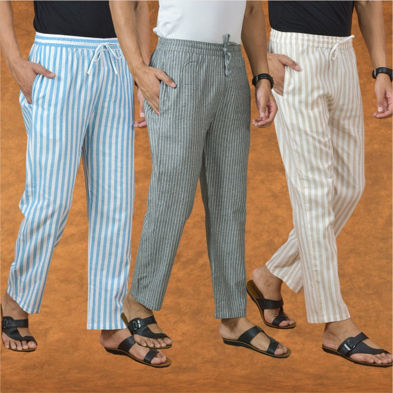 COMBO OF 3 MEN STRIPE COTTON HANDLOOM PANT GRAY BEIGE AND SKY BLUE-15148
