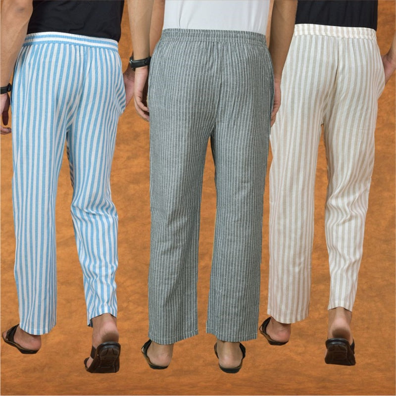 COMBO OF 3 MEN STRIPE COTTON HANDLOOM PANT GRAY BEIGE AND SKY BLUE-15148