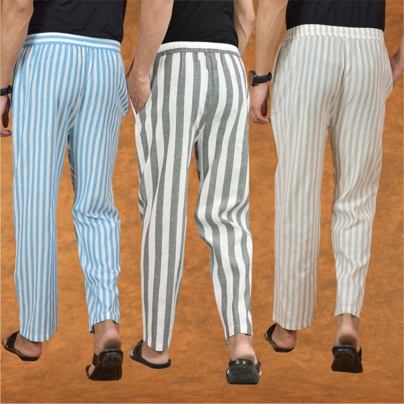 COMBO OF 3 MEN STRIPE COTTON HANDLOOM PANT GRAY BEIGE AND SKY BLUE-15154