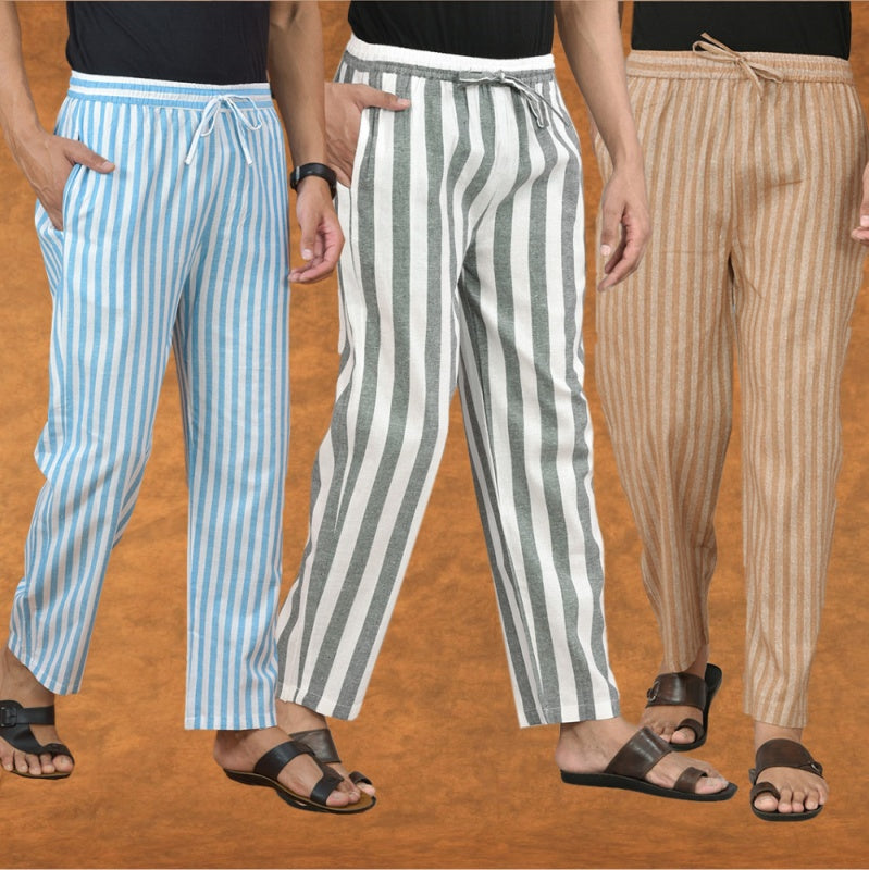 COMBO OF 3 MEN STRIPE COTTON HANDLOOM PANT GRAY BEIGE AND SKY BLUE-15193