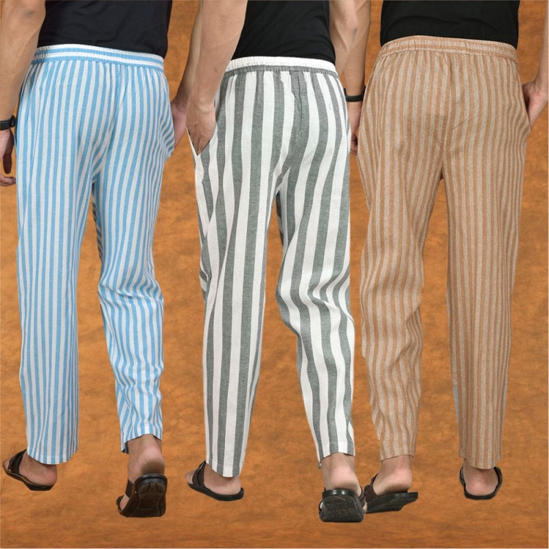 COMBO OF 3 MEN STRIPE COTTON HANDLOOM PANT GRAY BEIGE AND SKY BLUE-15193