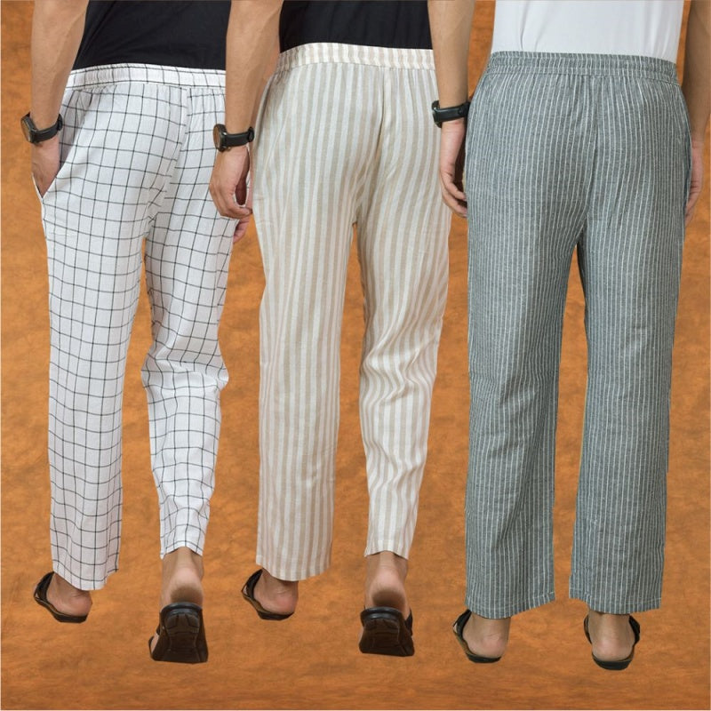COMBO OF 3 MEN STRIPE COTTON HANDLOOM PANT GRAY BEIGE AND WHITE-15270