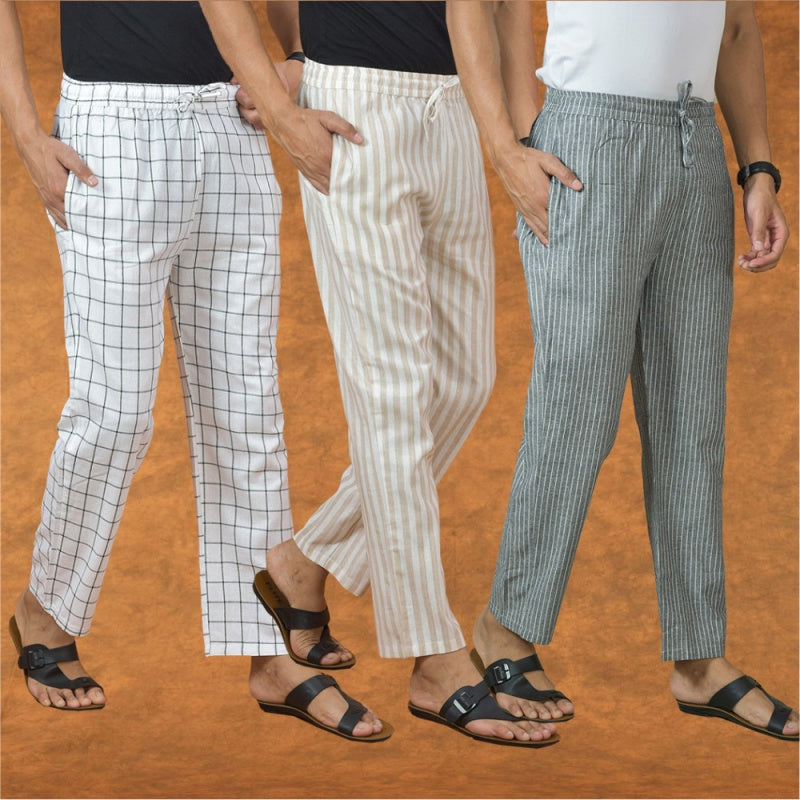 COMBO OF 3 MEN STRIPE COTTON HANDLOOM PANT GRAY BLACK AND WHITE-15270