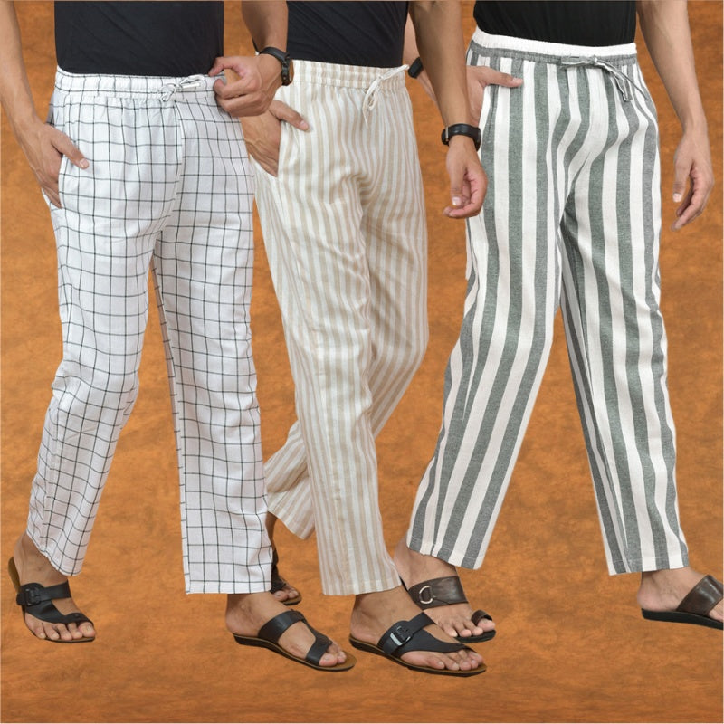 COMBO OF 3 MEN STRIPE COTTON HANDLOOM PANT GRAY BEIGE AND WHITE-15276