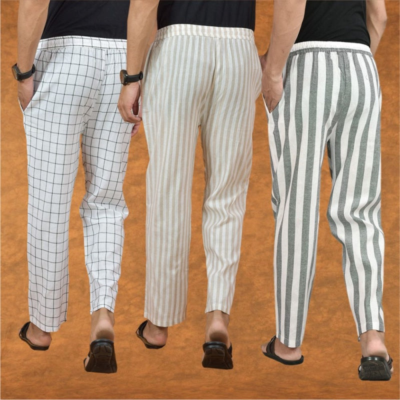COMBO OF 3 MEN STRIPE COTTON HANDLOOM PANT GRAY BEIGE AND WHITE-15276