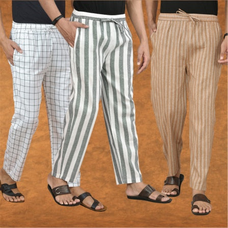 COMBO OF 3 MEN STRIPE COTTON HANDLOOM PANT GRAY BEIGE AND WHITE-15315