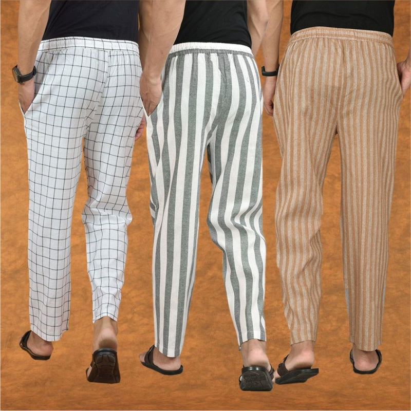 COMBO OF 3 MEN STRIPE COTTON HANDLOOM PANT GRAY BEIGE AND WHITE-15315