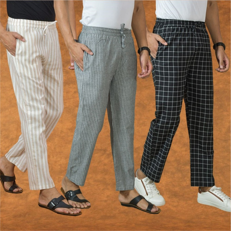 COMBO OF 3 MEN STRIPE COTTON HANDLOOM PANT GRAY BLACK AND BEIGE-15332