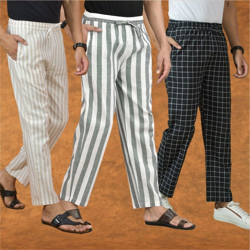 COMBO OF 3 MEN STRIPE COTTON HANDLOOM PANT GRAY BLACK AND BEIGE-15338