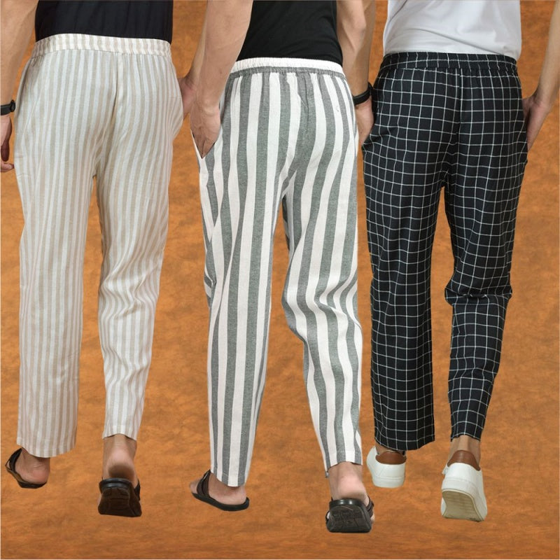 COMBO OF 3 MEN STRIPE COTTON HANDLOOM PANT GRAY BLACK AND BEIGE-15338