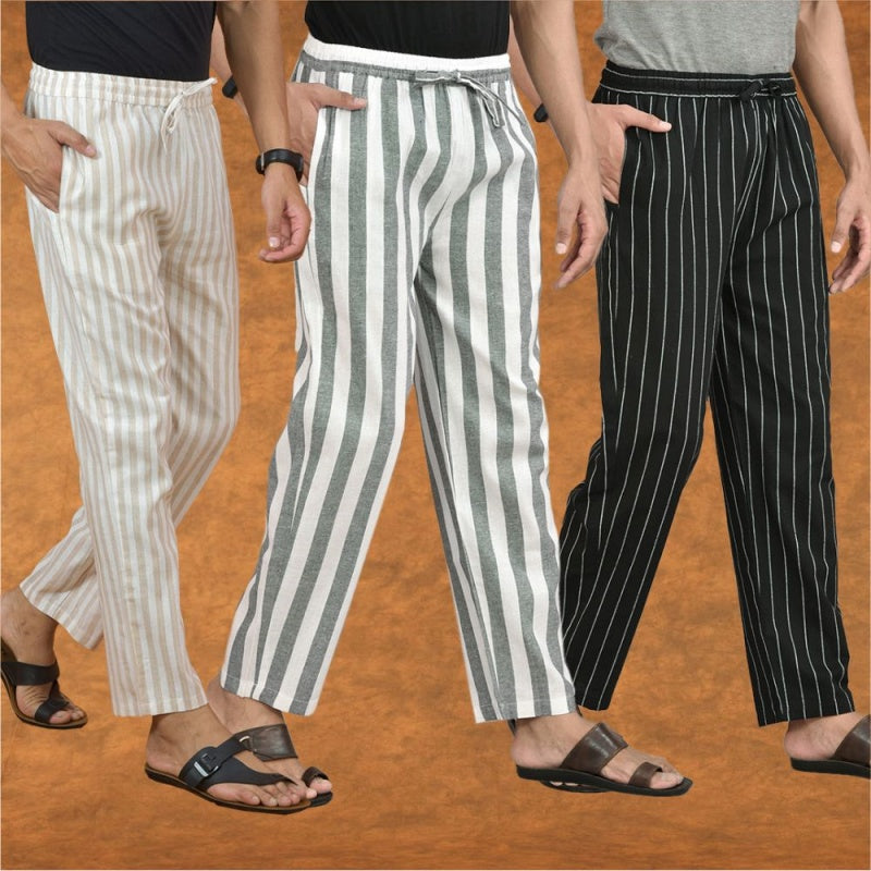 COMBO OF 3 MEN STRIPE COTTON HANDLOOM PANT GRAY BLACK AND BEIGE-15365