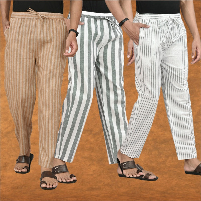COMBO OF 3 MEN STRIPE COTTON HANDLOOM PANT GRAY BLACK AND BEIGE-15481