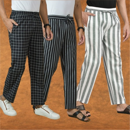 COMBO OF 3 MEN STRIPE COTTON HANDLOOM PANT GRAY BLACK AND BLACK-15409