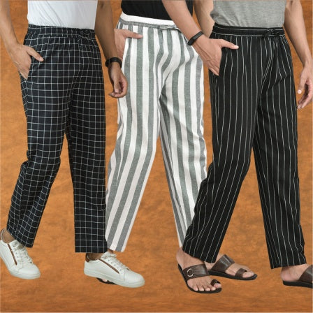 COMBO OF 3 MEN STRIPE COTTON HANDLOOM PANT GRAY BLACK AND BLACK-15429