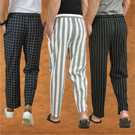 COMBO OF 3 MEN STRIPE COTTON HANDLOOM PANT GRAY BLACK AND BLACK-15429