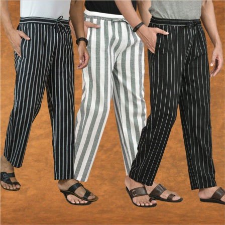 COMBO OF 3 MEN STRIPE COTTON HANDLOOM PANT GRAY BLACK AND BLACK-15450