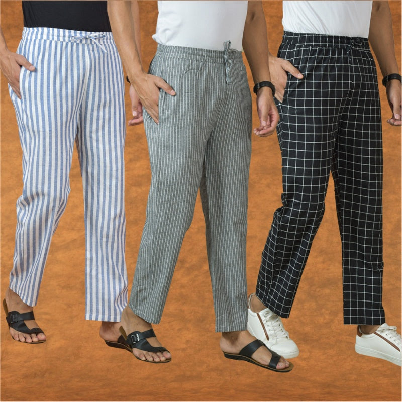 COMBO OF 3 MEN STRIPE COTTON HANDLOOM PANT GRAY BLACK AND BLUE-15232