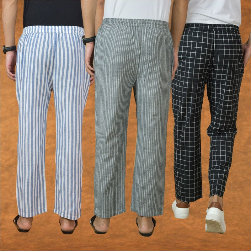 COMBO OF 3 MEN STRIPE COTTON HANDLOOM PANT GRAY BLACK AND BLUE-15232