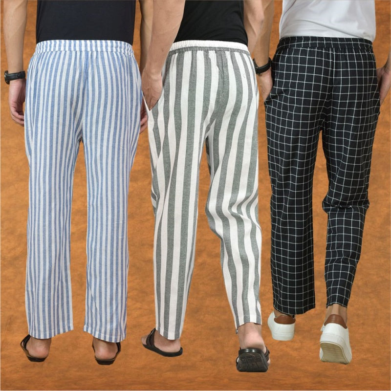 COMBO OF 3 MEN STRIPE COTTON HANDLOOM PANT GRAY BLACK AND BLUE-15238