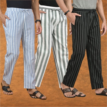 COMBO OF 3 MEN STRIPE COTTON HANDLOOM PANT GRAY BLACK AND BLUE-15265