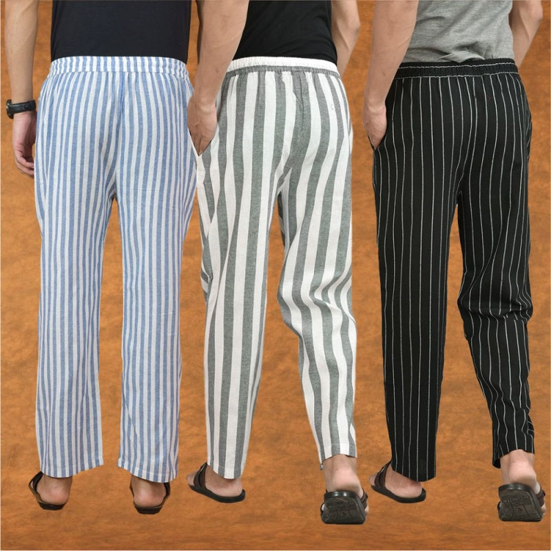 COMBO OF 3 MEN STRIPE COTTON HANDLOOM PANT GRAY BLACK AND BLUE-15265