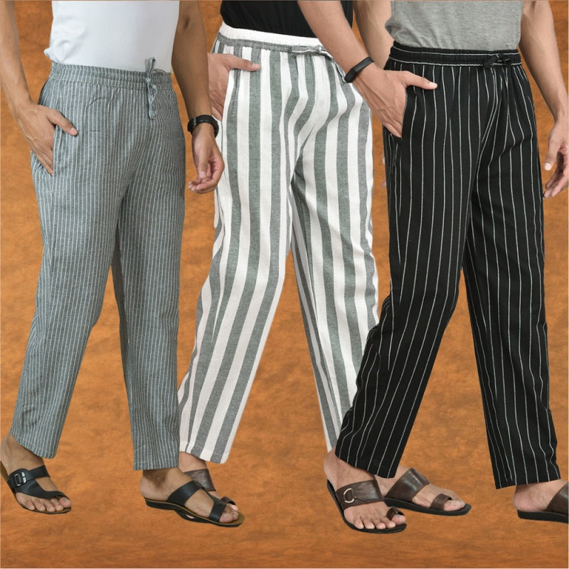 COMBO OF 3 MEN STRIPE COTTON HANDLOOM PANT GRAY BLACK AND GRAY-15465