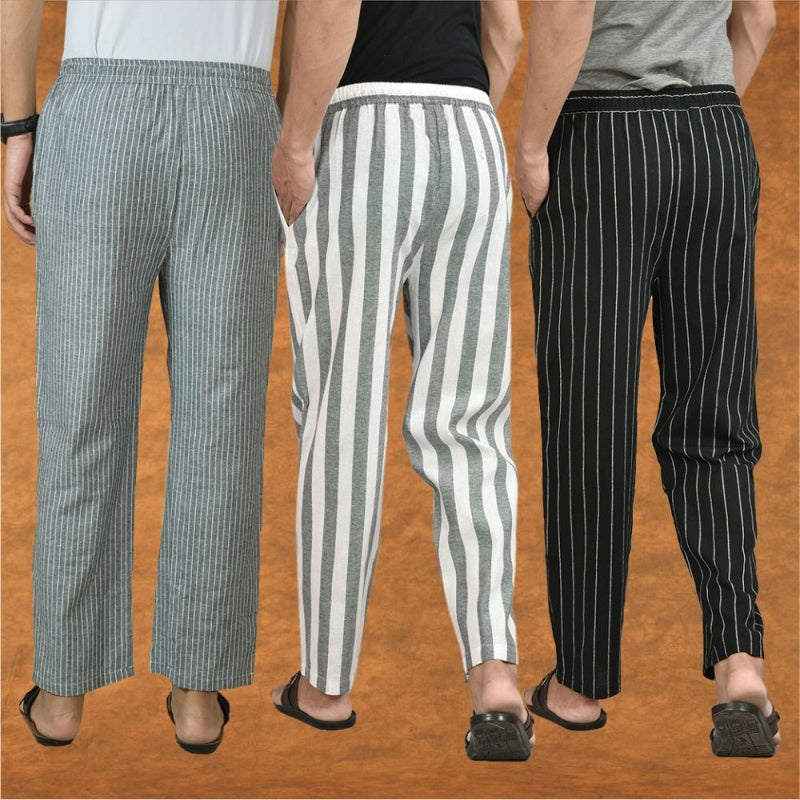 COMBO OF 3 MEN STRIPE COTTON HANDLOOM PANT GRAY BLACK AND GRAY-15465