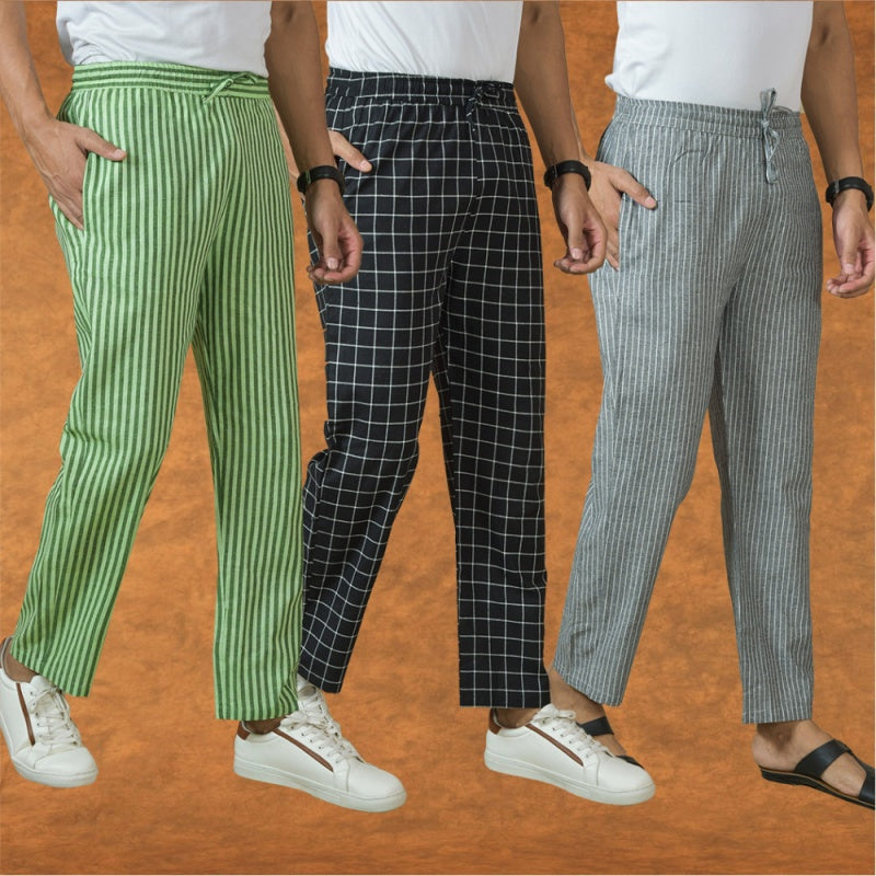 COMBO OF 3 MEN STRIPE COTTON HANDLOOM PANT GRAY BLACK AND OLIVE GREEN-15368