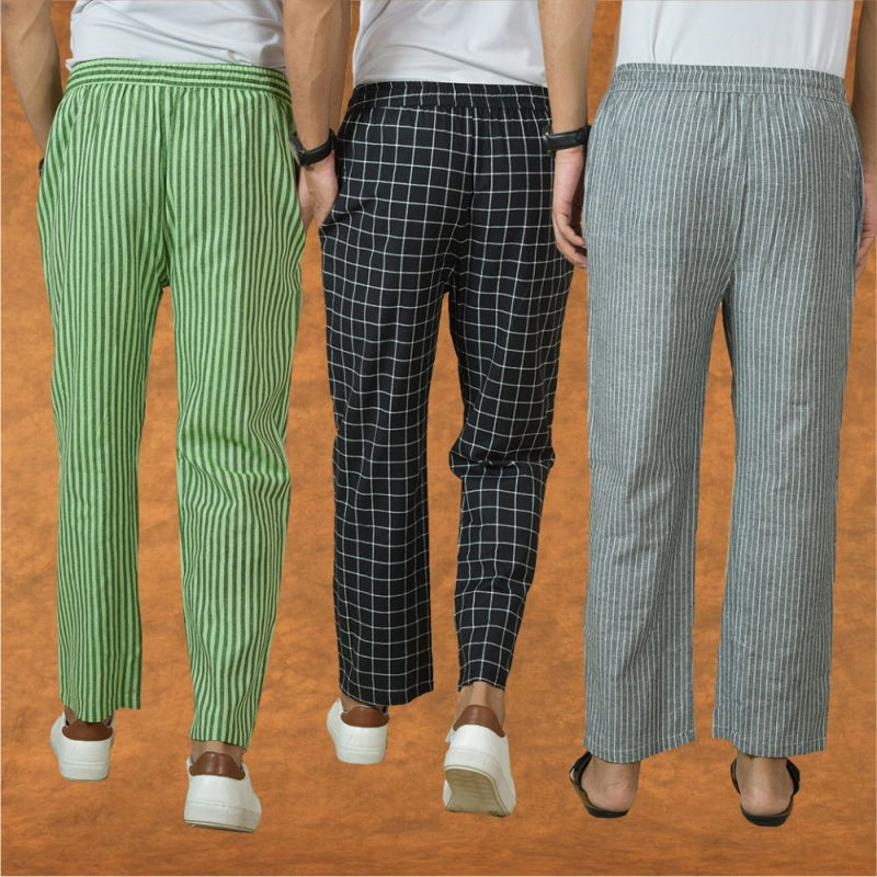 COMBO OF 3 MEN STRIPE COTTON HANDLOOM PANT GRAY BLACK AND OLIVE GREEN-15368
