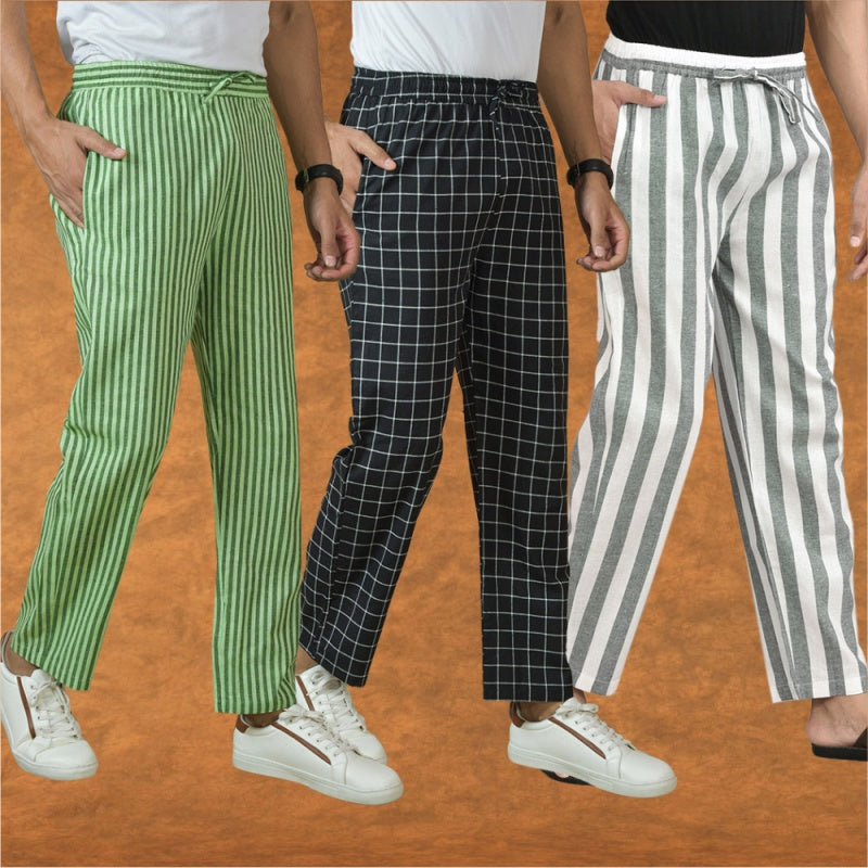 COMBO OF 3 MEN STRIPE COTTON HANDLOOM PANT GRAY BLACK AND OLIVE GREEN-15374